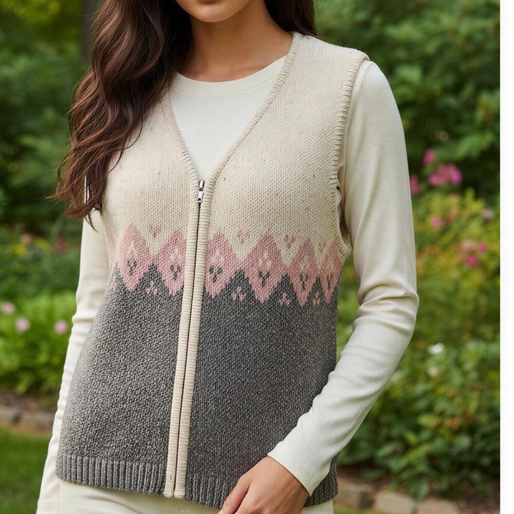 St. John's Bay NWT Vintage Cream Pink Gray Zip  Knit Cotton Wool plus Size 2X